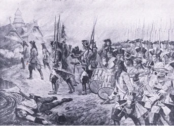 Blenheim, 13 août 1704 : Assaut du village, illustration de British Battles on Land and Sea, 1915