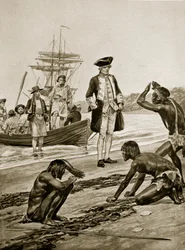 Le capitaine Cook débarquant en Tasmanie, 1777, illustration de 