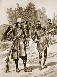 Dampier examinant un boomerang en Australie, illustration de 