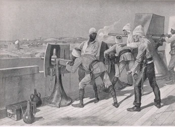 En route vers le Nil : Tir sur les Derviches, illustration de British Battles on Land and Sea, 1915