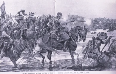 La bataille de la Boyne, 1er juillet 1690, illustration de British Battles on Land and Sea, 1915