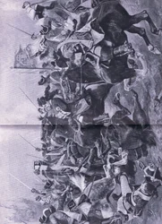 Le conflit de cavalerie à la bataille de Ramillies, 3 mai 1706, illustration de British Battles on Land and Sea, 1915