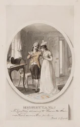 M. Courtney montrant à Henrietta le portrait miniature de leur mère, Livre 5 Chapitre 4, illustration pour une édition de 1798 de 