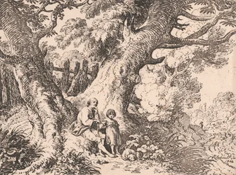Vieux arbres avec vieil homme, enfant et chien