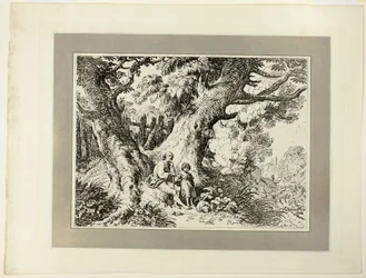 Vieux arbres avec vieil homme, une fille et un chien, du premier numéro de Spécimens de Polyautographie