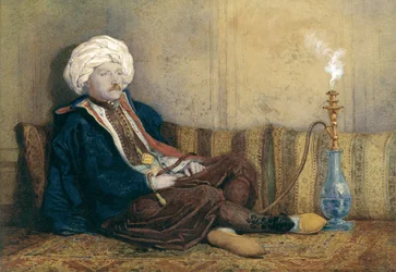 Portrait de Sir Thomas Philips en costume oriental, allongé avec un narguilé