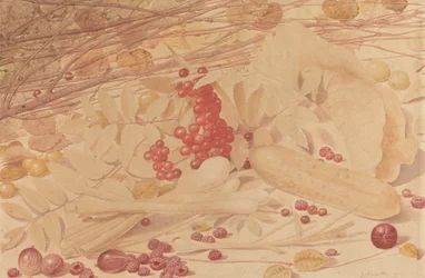 Nature morte avec groseilles, framboises, groseilles rouges, oignons de printemps, cornichon et feuillage