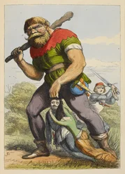 Jack approchant un géant par derrière. Le géant traîne un chevalier de la table ronde par les cheveux. Une dame tient le chevalier. Illustration en couleur dans un livre pour enfants