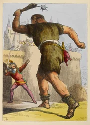 Jack prêt à combattre un géant devant un château. Illustration en couleur dans un livre pour enfants
