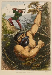 La mort du géant Cormoran. Selon la légende, ce géant, nommé Cormoran, vivait sur le Mont Saint-Michel, Cornouailles. Illustration en couleur dans un livre pour enfants.