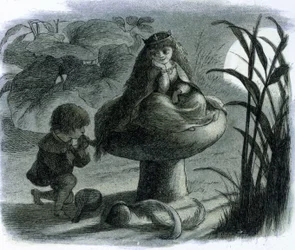 Une fée des eaux assise sur un champignon est courtisée par un amoureux. Dans 