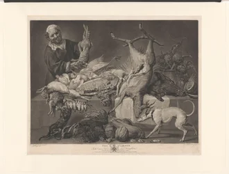 Marchand montrant du gibier, des artichauts, des citrouilles et un homard (Le Garde-manger)
