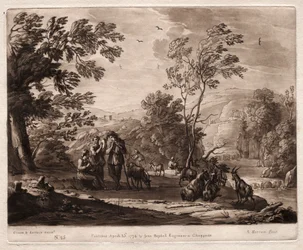 Liber Veritatis : No. 25, Un paysage montagneux et boisé avec des bergers jouant et des chèvres broutant
