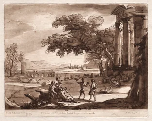 Liber Veritatis : No. 55, Un paysage avec un temple et une nymphe et un satyre dansant