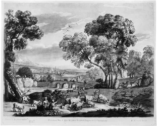 Paysage pastoral avec rivière et pont