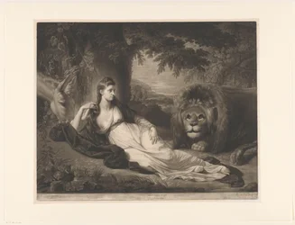 Portrait de Mary Lawrence avec un lion dans un paysage