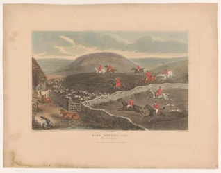 Paysage avec des chiens et des chasseurs à cheval courant à travers les champs