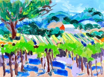 Vignoble avec grange rouge, 2021