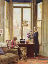 Intérieur avec deux dames et un chien