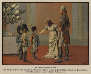 Le roi Frédéric-Guillaume III et la reine Louise de Prusse avec le prince héritier Frédéric-Guillaume, le prince Guillaume et le prince Frédéric Louis en uniformes militaires, veille de Noël