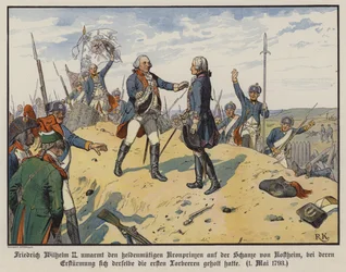Le roi Frédéric-Guillaume II de Prusse embrassant son fils héroïque, le prince héritier Frédéric-Guillaume, sur la colline de Kostheim