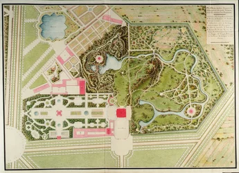 Plan des jardins français et champêtres du Petit Trianon avec les masses du bâtiment, tiré du Recueil des plans du Petit Trianon de Richard Mique