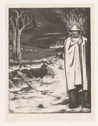 Berger avec un troupeau de moutons dans un paysage vallonné