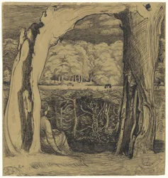 Paysage avec une femme assise entre deux saules