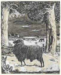 Mouton dans un paysage avec deux arbres