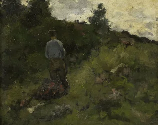 Un paysan marchant à la lisière d