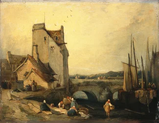 Vue en Bretagne : Pont, Cottages et Lavandière