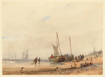 Côte avec bateaux échoués et personnages
