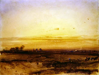 Paysage avec moissonneurs au coucher du soleil