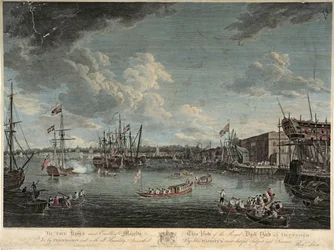 Vue du chantier naval royal à Deptford, gravé par William Woollett, publié le 1er juillet 1793