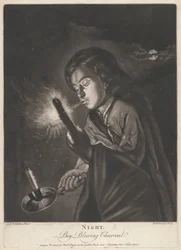 Nuit - Garçon soufflant sur du charbon