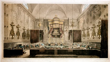 Vue de la Chambre des Lords, chambre haute du Parlement de Grande-Bretagne. Gravure par Rothwell. 19ème siècle Parker Gallery, Londres