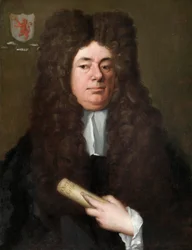William Petyt tenant une copie de la Magna Carta, vers 1690