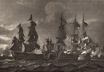 Le capitaine HMS abordant le San Nicholas et le San Josef, illustration de 