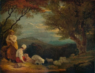 Paysage avec femmes, moutons et chien