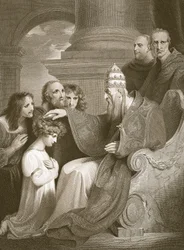 Le Prince Alfred devant le Pape Léon III, gravé par J. Stow, illustration de 