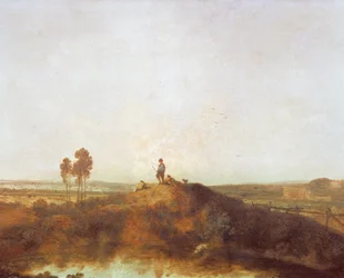 Un étang avec des figures sur une butte