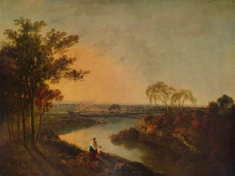 Une rivière anglaise au coucher du soleil, au loin les collines galloises, vers 1760