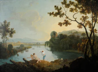 Paysage classique avec des garçons se baignant