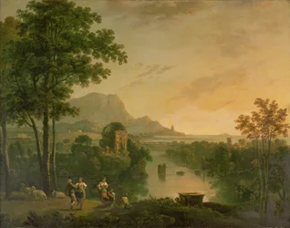 Paysage côtier au crépuscule avec bergers et bergères dansant
