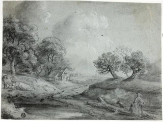 Paysage avec femme et vaches
