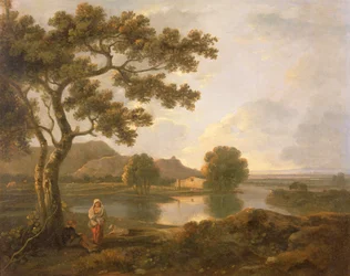 Scène de rivière avec une ferme
