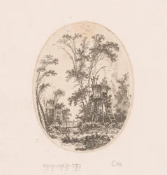 Paysage avec structure en bois sur pilotis, à gauche une femme sur un pont