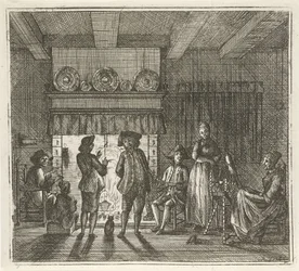 Intérieur avec des personnages près de la cheminée
