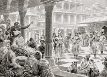 Akbar jouant au pachisi ou chaupur avec des pièces vivantes à Fatehpur Sikri en 1575, tiré de l