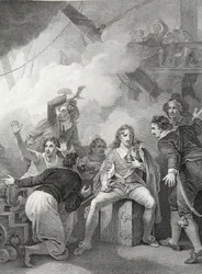 Le comte Sandwich refusant de quitter son navire en feu, lors de la bataille de Sole Bay, gravé par W. Byrne, illustration de 